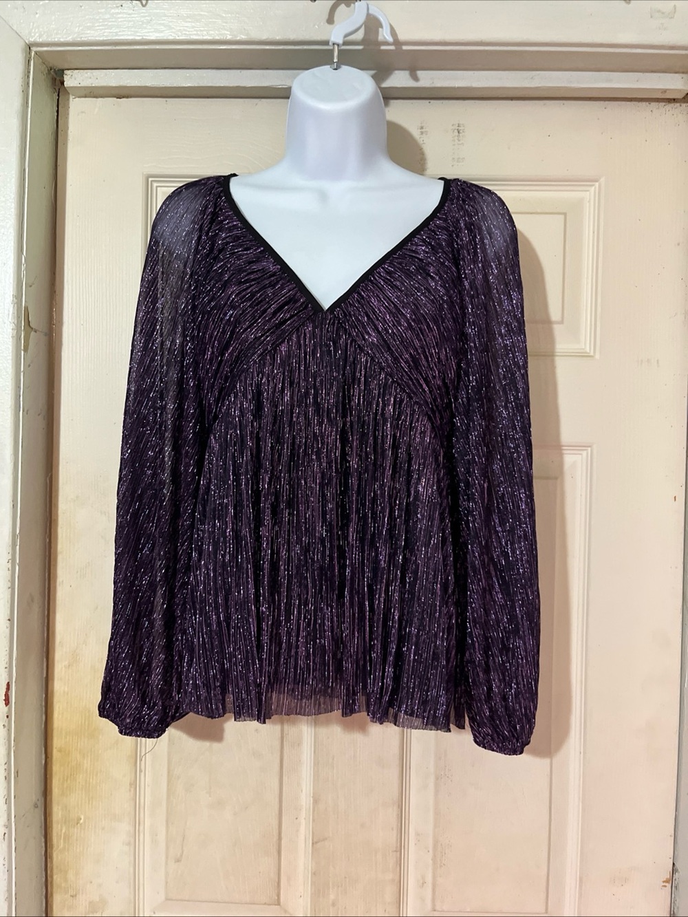 Express Metallic Pleated V-Neck Long Sleeve Top - Purple